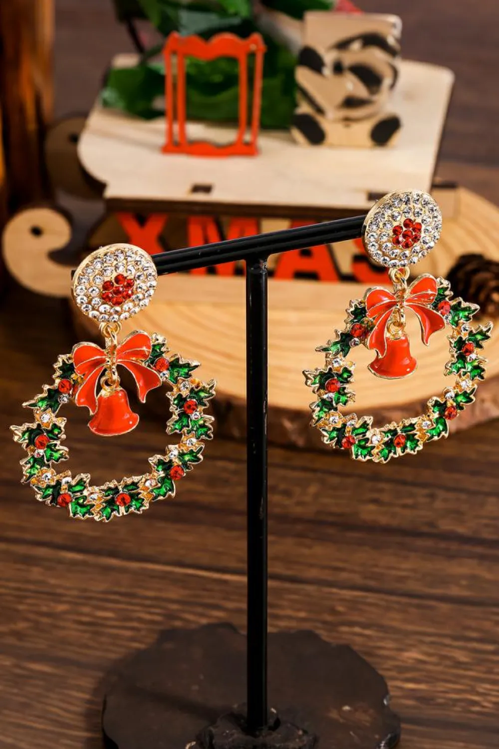 Sale Dear-Lover Christmas Wreath Bell Rhinestone Stud Dangle Earrings Racing Red