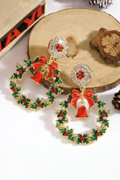 Sale Dear-Lover Christmas Wreath Bell Rhinestone Stud Dangle Earrings Racing Red