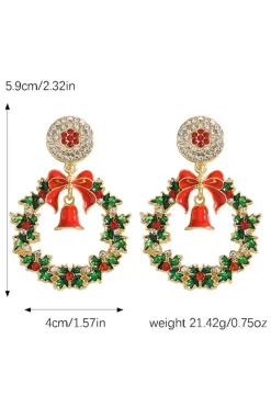 Sale Dear-Lover Christmas Wreath Bell Rhinestone Stud Dangle Earrings Racing Red