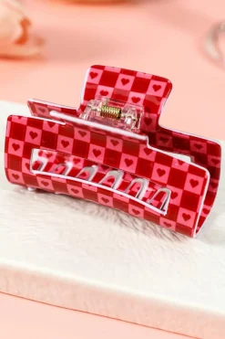 Fashion Dear-Lover Heart Checkered Print Cut Out Hair Claw Clip Racing Red