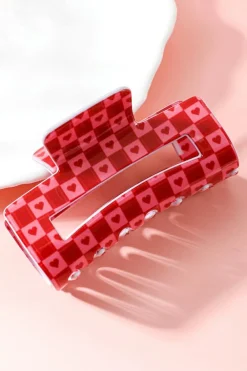 Fashion Dear-Lover Heart Checkered Print Cut Out Hair Claw Clip Racing Red