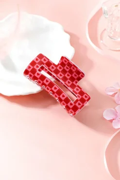 Fashion Dear-Lover Heart Checkered Print Cut Out Hair Claw Clip Racing Red