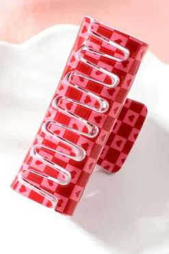 Fashion Dear-Lover Heart Checkered Print Cut Out Hair Claw Clip Racing Red