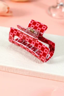 Fashion Dear-Lover Heart Checkered Print Cut Out Hair Claw Clip Racing Red