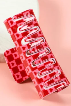 Fashion Dear-Lover Heart Checkered Print Cut Out Hair Claw Clip Racing Red
