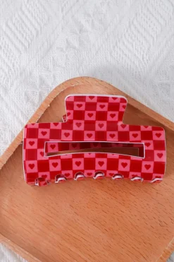 Fashion Dear-Lover Heart Checkered Print Cut Out Hair Claw Clip Racing Red