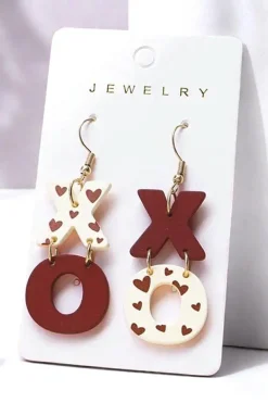 Clearance Dear-Lover Heart Print XOXO Letter Dangle Hook Earrings Racing Red