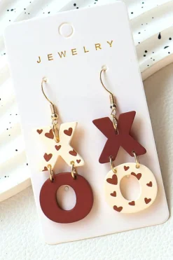 Clearance Dear-Lover Heart Print XOXO Letter Dangle Hook Earrings Racing Red
