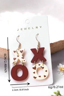 Clearance Dear-Lover Heart Print XOXO Letter Dangle Hook Earrings Racing Red
