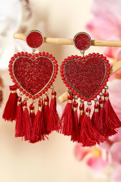 Fashion Dear-Lover Heart Shape Tasseled Dangle Earrings Racing Red