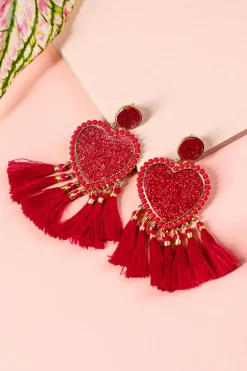 Fashion Dear-Lover Heart Shape Tasseled Dangle Earrings Racing Red
