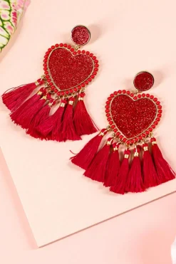 Fashion Dear-Lover Heart Shape Tasseled Dangle Earrings Racing Red