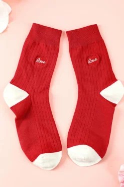 Outlet Dear-Lover Love Embroidered Ribbed Color Block Crew Socks Racing Red