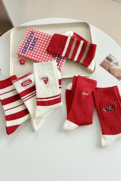 Outlet Dear-Lover Love Embroidered Ribbed Color Block Crew Socks Racing Red