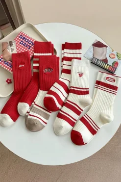 Outlet Dear-Lover Love Embroidered Ribbed Color Block Crew Socks Racing Red