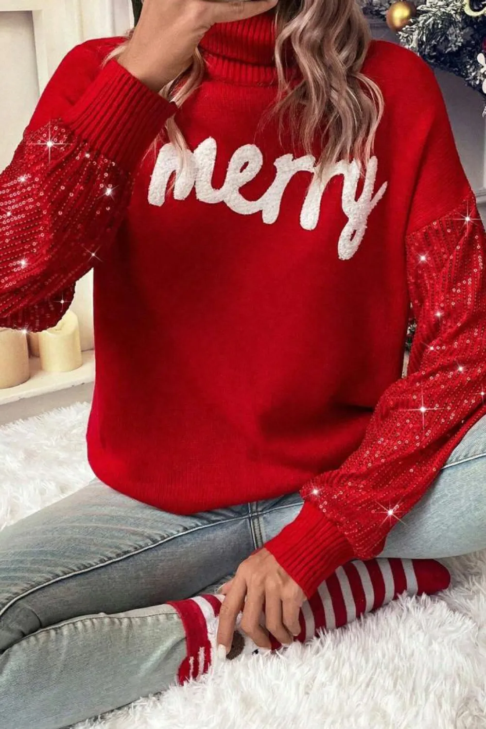 Best Dear-Lover Merry Graphic Sequin Sleeves Christmas Turtleneck Sweater Racing Red