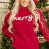 Hot Dear-Lover Merry Graphic Sequin Sleeve Turtleneck Sweater Racing Red