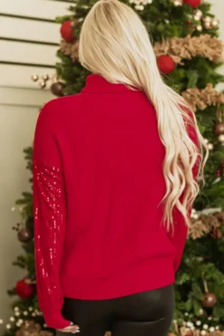Hot Dear-Lover Merry Graphic Sequin Sleeve Turtleneck Sweater Racing Red