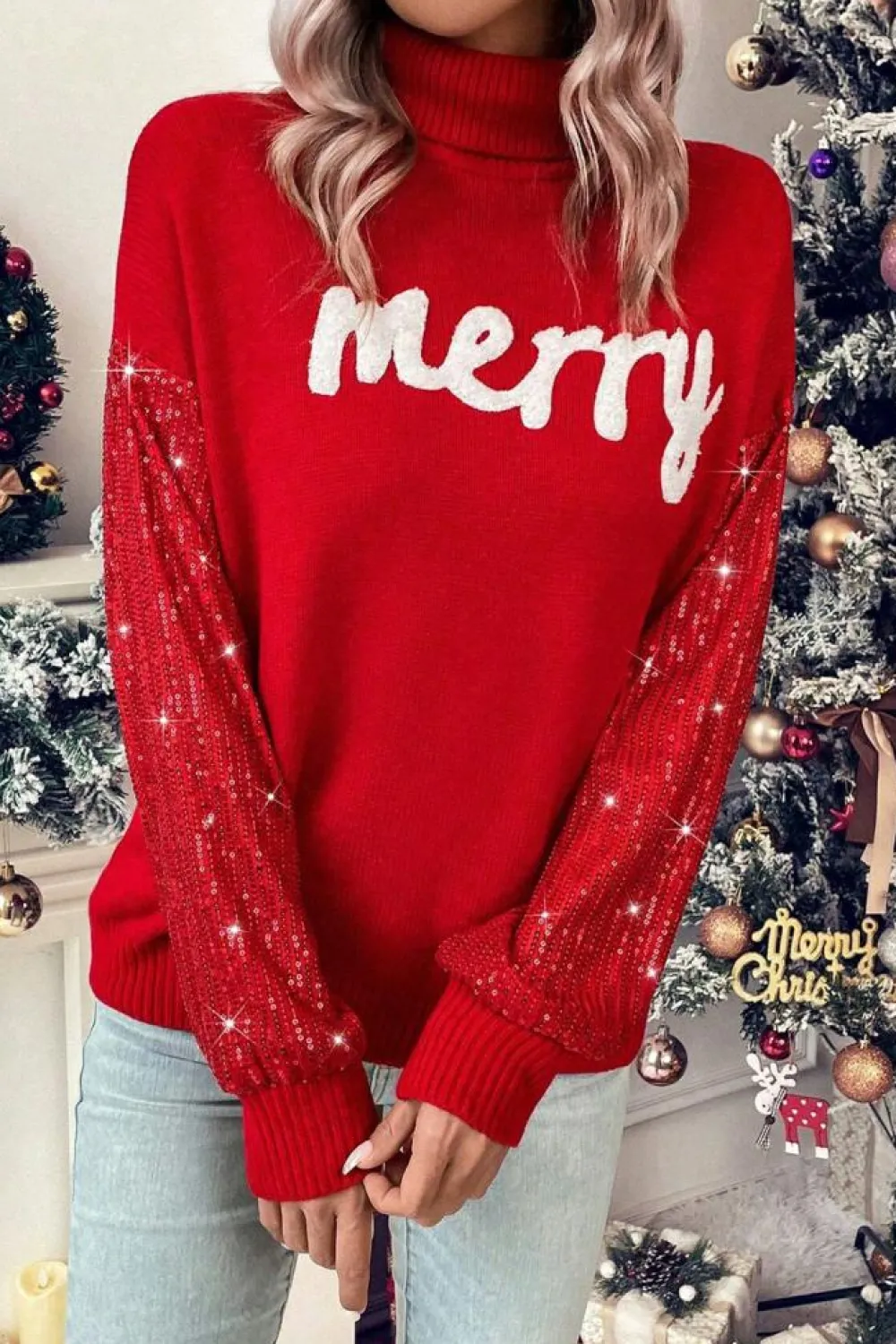 Best Dear-Lover Merry Graphic Sequin Sleeves Christmas Turtleneck Sweater Racing Red