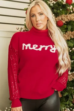 Hot Dear-Lover Merry Graphic Sequin Sleeve Turtleneck Sweater Racing Red