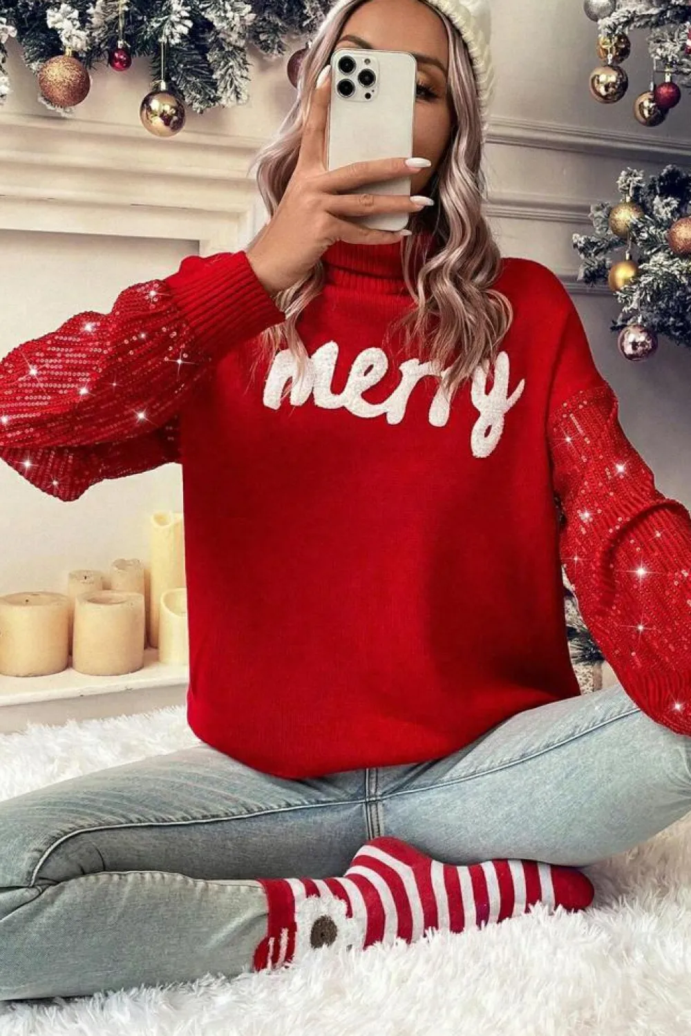 Best Dear-Lover Merry Graphic Sequin Sleeves Christmas Turtleneck Sweater Racing Red