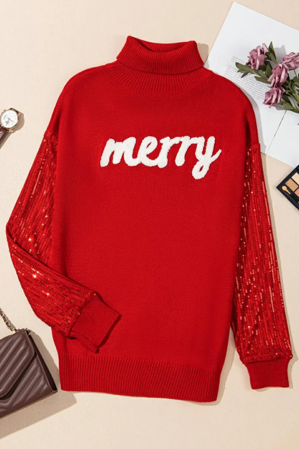 Best Dear-Lover Merry Graphic Sequin Sleeves Christmas Turtleneck Sweater Racing Red