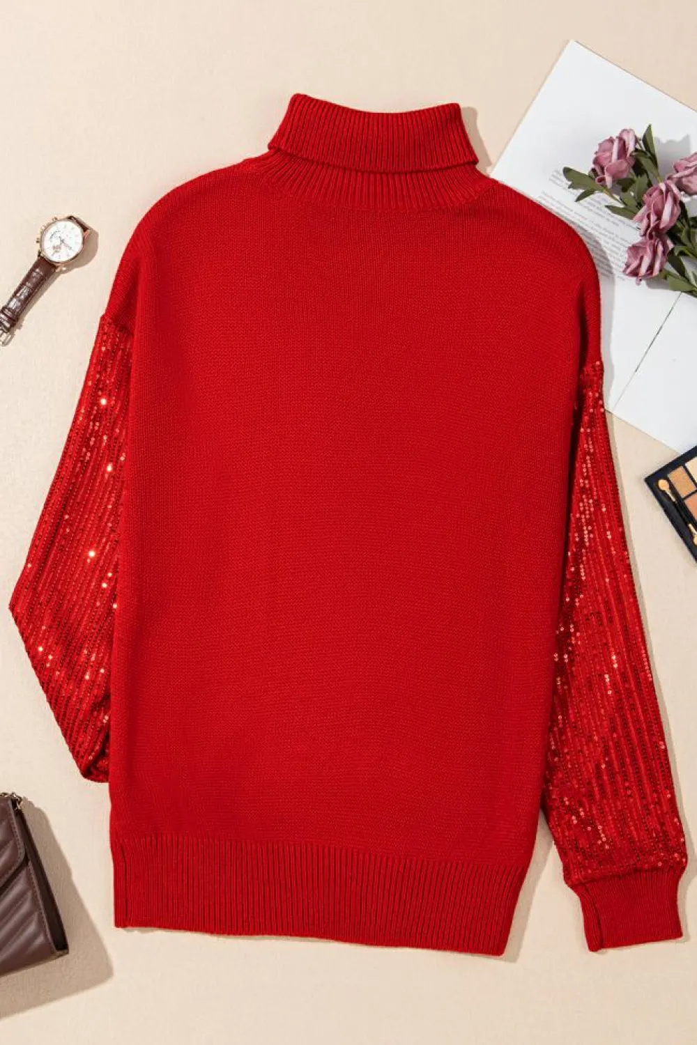 Best Dear-Lover Merry Graphic Sequin Sleeves Christmas Turtleneck Sweater Racing Red