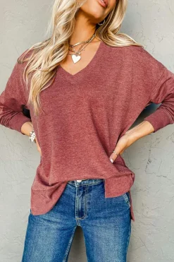 Hot Dear-Lover Side Slits V Neck Loose Fit Tunic Top Racing Red