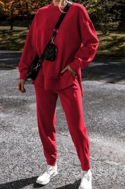 Fashion Dear-Lover Solid Color High Low Pullover and Skinny Pants Set Racing Red