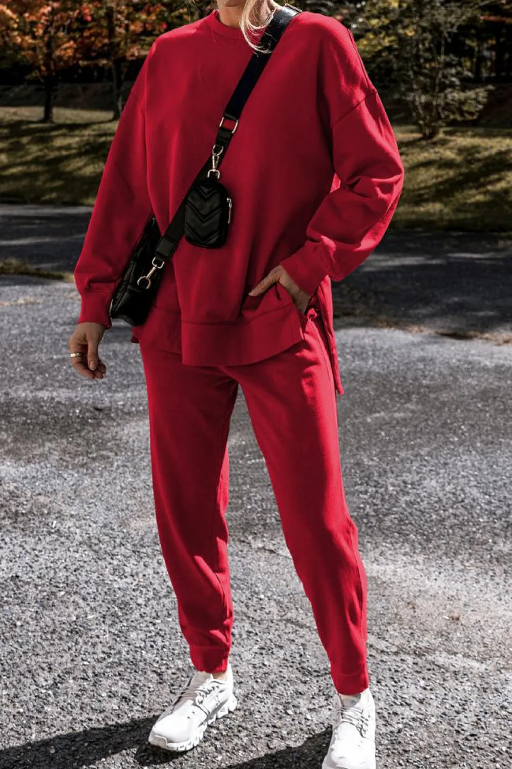 Fashion Dear-Lover Solid Color High Low Pullover and Skinny Pants Set Racing Red