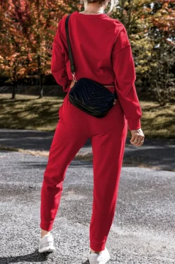 Fashion Dear-Lover Solid Color High Low Pullover and Skinny Pants Set Racing Red