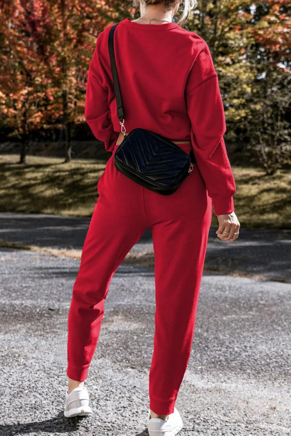 Fashion Dear-Lover Solid Color High Low Pullover and Skinny Pants Set Racing Red