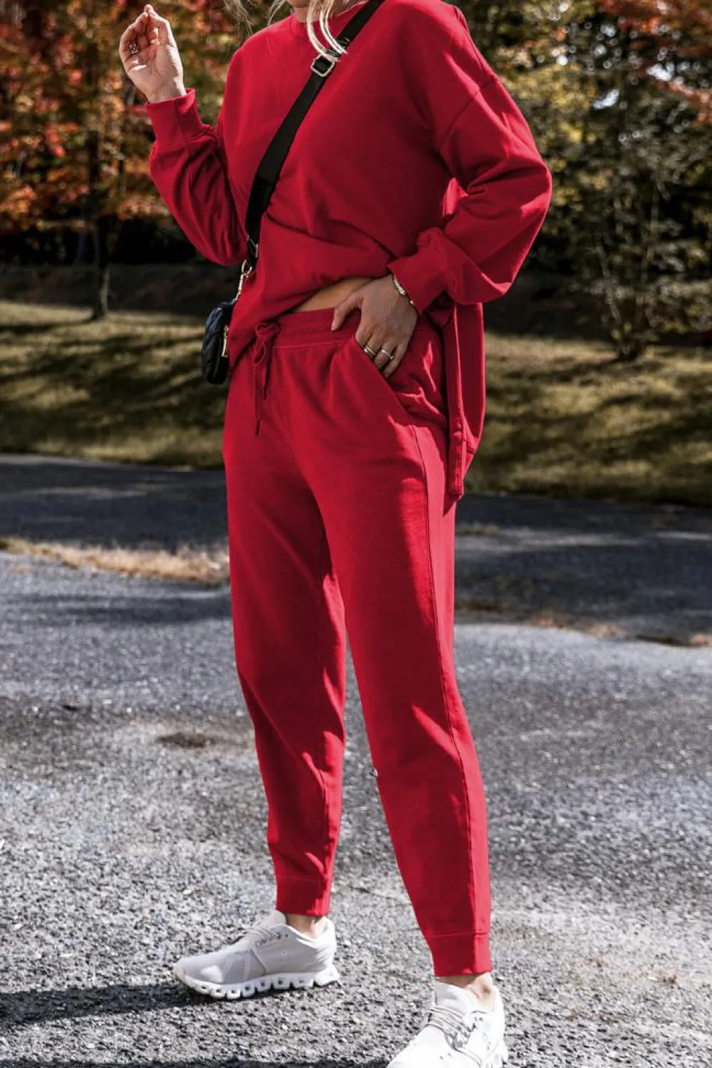 Fashion Dear-Lover Solid Color High Low Pullover and Skinny Pants Set Racing Red