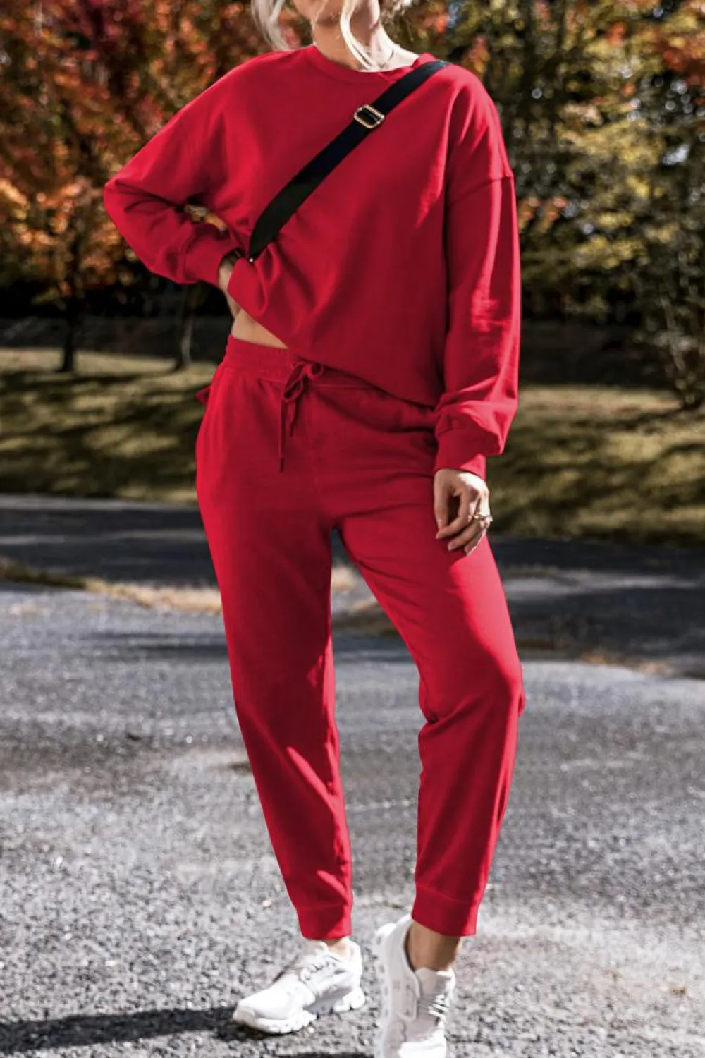 Fashion Dear-Lover Solid Color High Low Pullover and Skinny Pants Set Racing Red