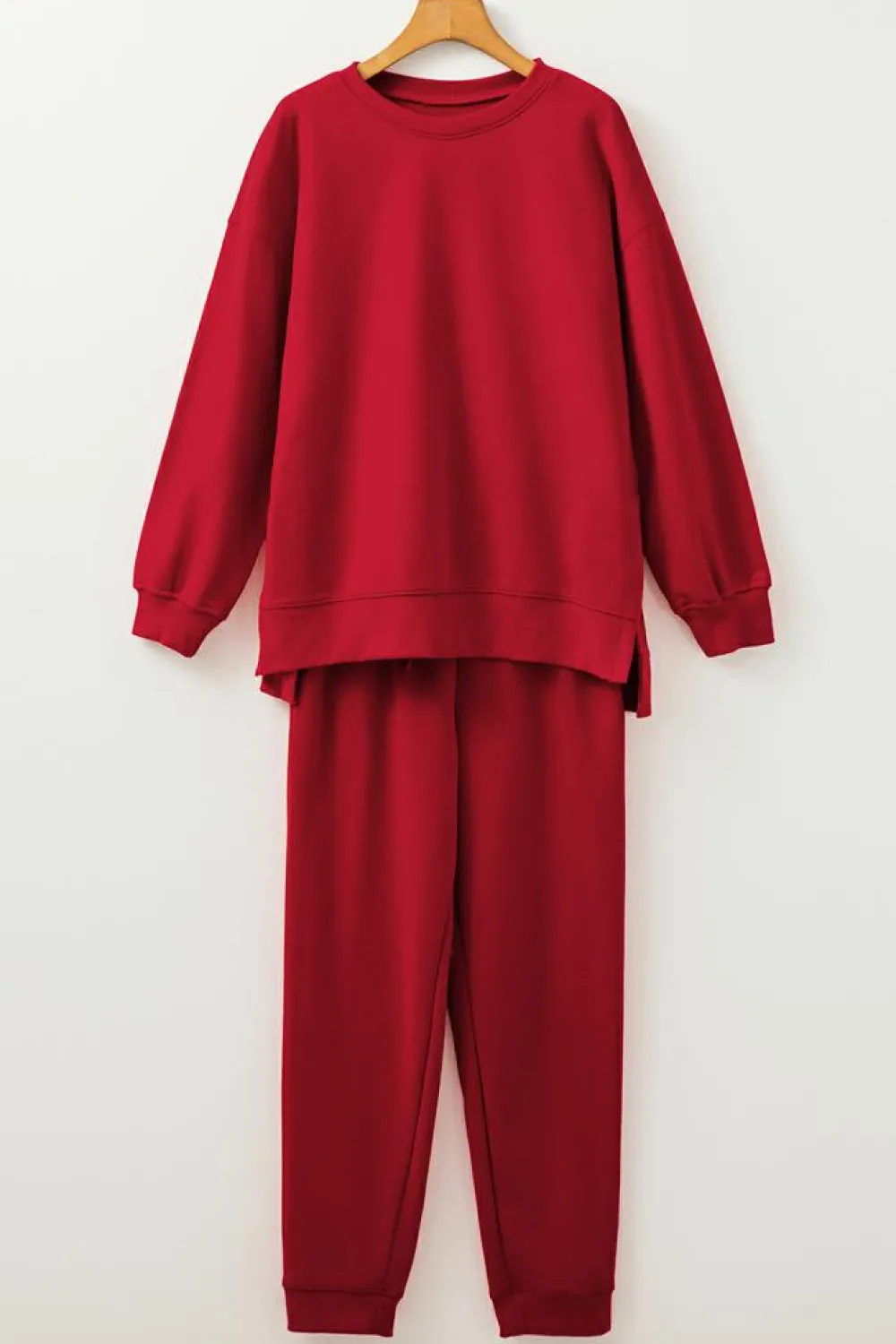 Fashion Dear-Lover Solid Color High Low Pullover and Skinny Pants Set Racing Red