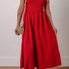 Fashion Dear-Lover Textured Shirred Ruffled Trim Spaghetti Strap Midi Dress Racing Red