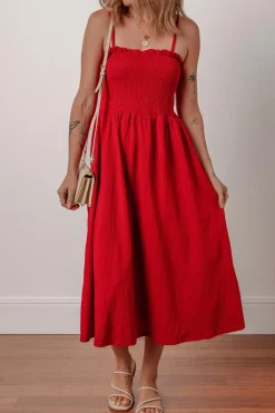 Fashion Dear-Lover Textured Shirred Ruffled Trim Spaghetti Strap Midi Dress Racing Red