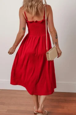 Fashion Dear-Lover Textured Shirred Ruffled Trim Spaghetti Strap Midi Dress Racing Red