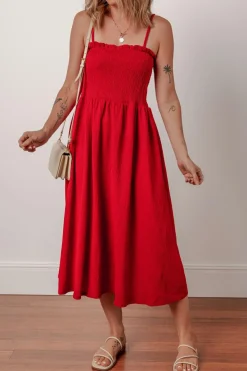 Fashion Dear-Lover Textured Shirred Ruffled Trim Spaghetti Strap Midi Dress Racing Red