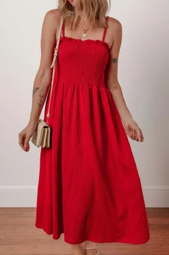 Fashion Dear-Lover Textured Shirred Ruffled Trim Spaghetti Strap Midi Dress Racing Red
