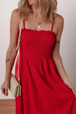 Fashion Dear-Lover Textured Shirred Ruffled Trim Spaghetti Strap Midi Dress Racing Red
