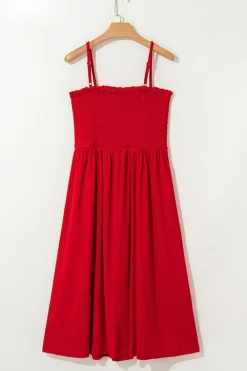 Fashion Dear-Lover Textured Shirred Ruffled Trim Spaghetti Strap Midi Dress Racing Red