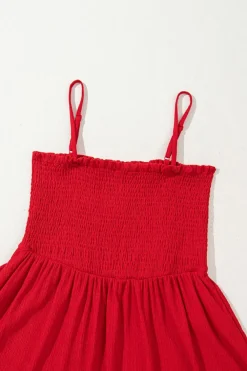 Fashion Dear-Lover Textured Shirred Ruffled Trim Spaghetti Strap Midi Dress Racing Red