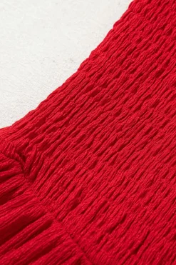 Fashion Dear-Lover Textured Shirred Ruffled Trim Spaghetti Strap Midi Dress Racing Red