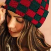 Online Dear-Lover Two Tone Checkered Folded Eaveless Beanie Cap Racing Red