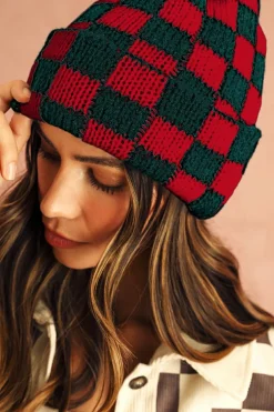 Online Dear-Lover Two Tone Checkered Folded Eaveless Beanie Cap Racing Red