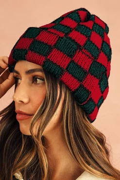 Online Dear-Lover Two Tone Checkered Folded Eaveless Beanie Cap Racing Red