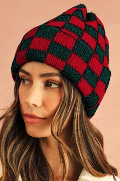 Online Dear-Lover Two Tone Checkered Folded Eaveless Beanie Cap Racing Red