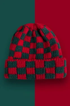 Online Dear-Lover Two Tone Checkered Folded Eaveless Beanie Cap Racing Red