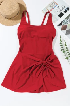 Clearance Dear-Lover U Neck Adjustable Straps Knotted Skirt Patchwork One Piece Swimsuit Racing Red
